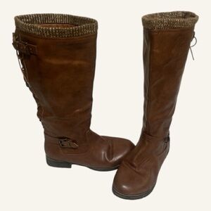 JustFab Brown Heeled Sweater Top Boots with Lace Detail Wide Calf